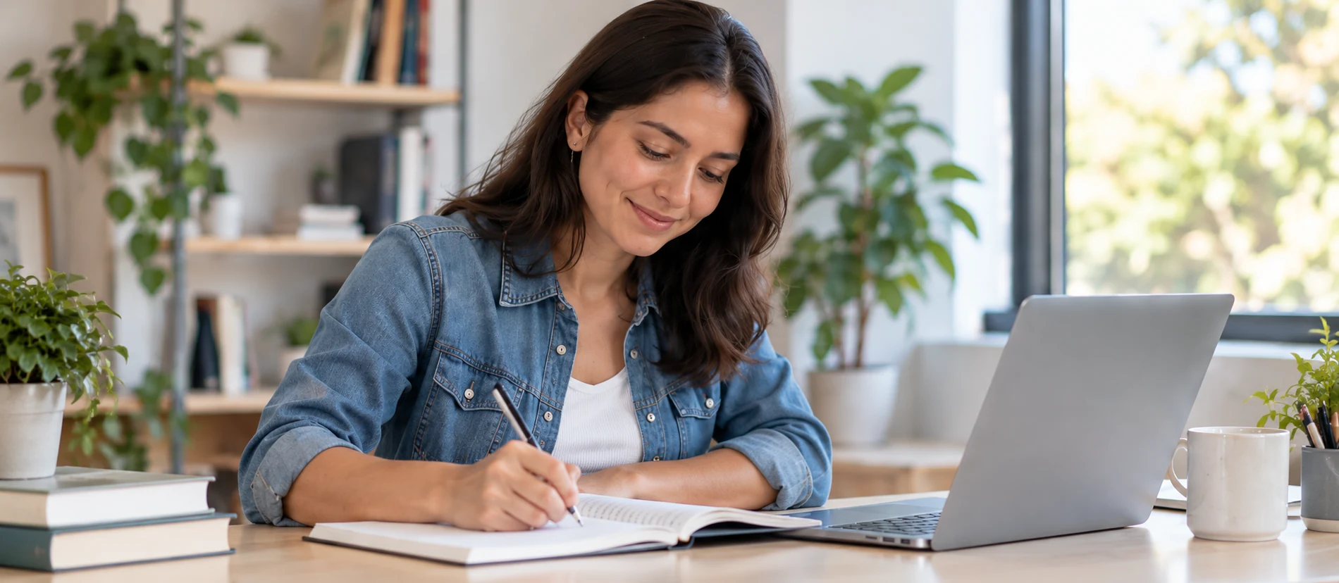 Escena ilustrativa de una persona estudiando con cuaderno y computadora