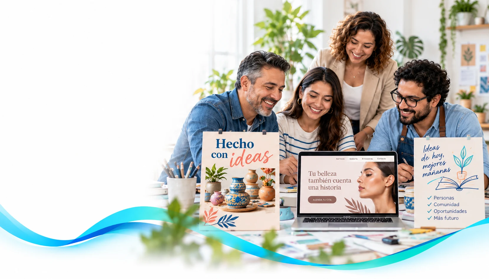 Escena ilustrativa creada con IA: cuatro adultos crean juntos un cartel, una página y una presentación en un taller luminoso.