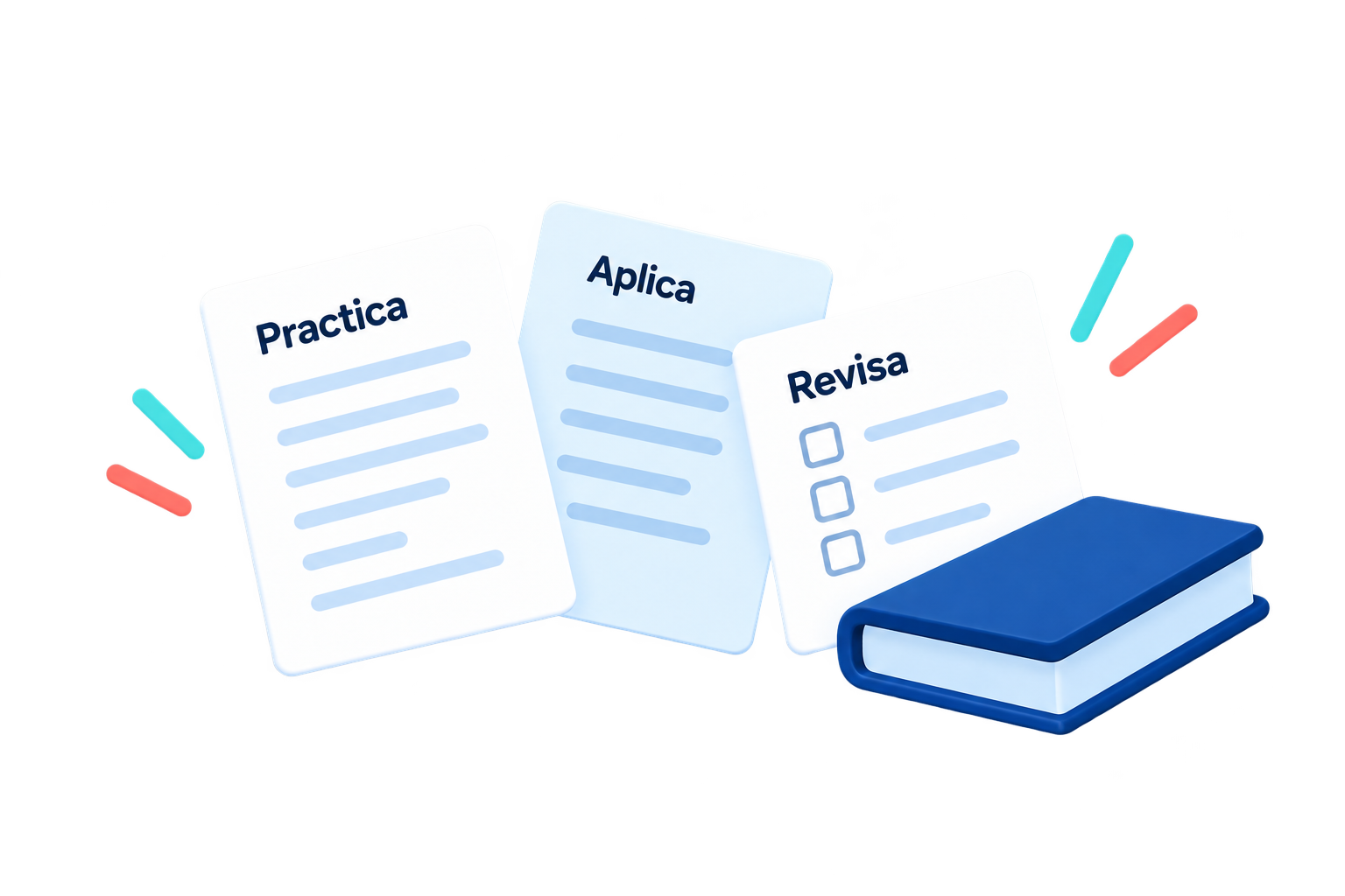 Ilustración de hojas de trabajo para practicar, aplicar y revisar.
