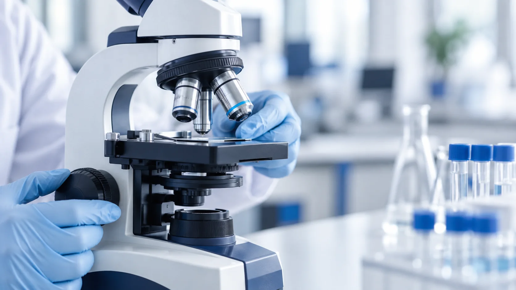 Manos con guantes ajustan un microscopio en un laboratorio.